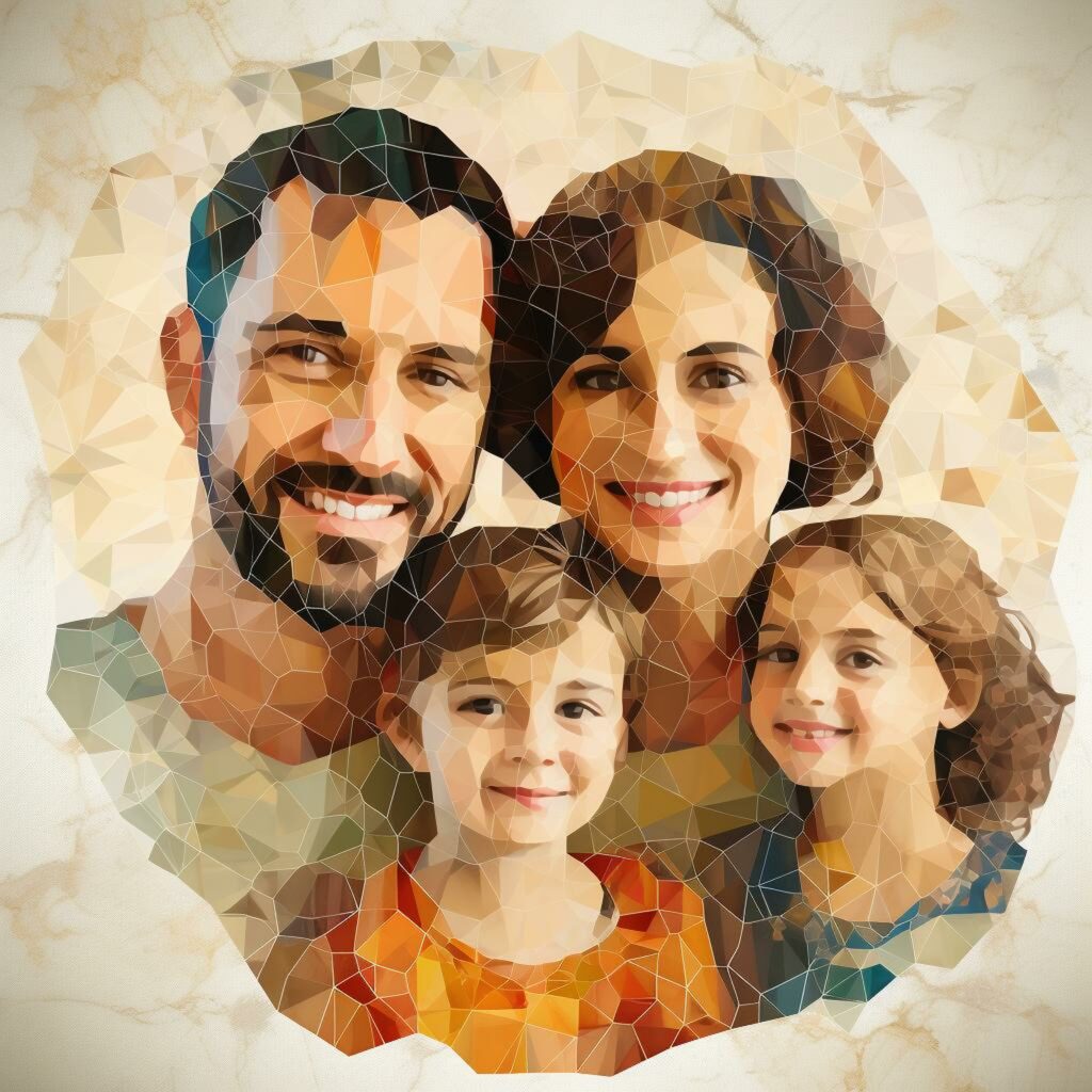 דיוקן משפחה בסגנון פסיפס: אבא, אמא ושני ילדים