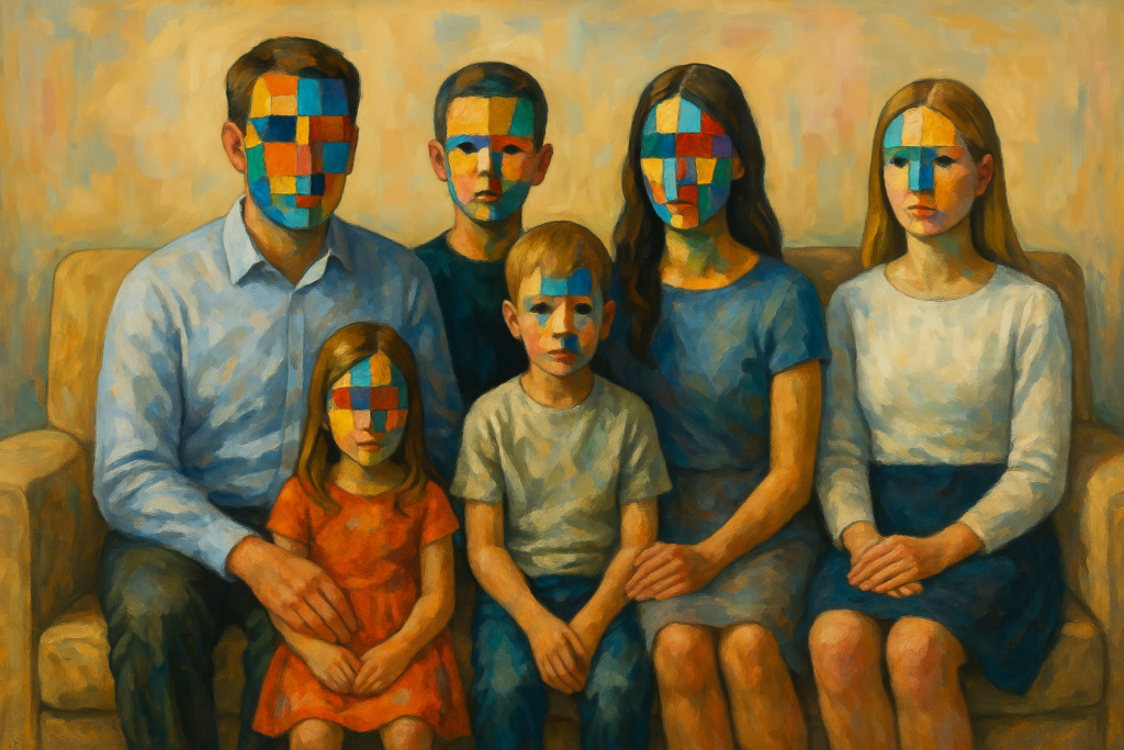 דיוקן מופשט של משפחה יושבת יחד, כשפניה של כל אחד מחולקות לצורות גאומטריות וצבעים שונים. התמונה משדרת תחושת נתק רגשי סמוי בתוך מסגרת משפחתית שנראית מלוכדת כלפי חוץ.