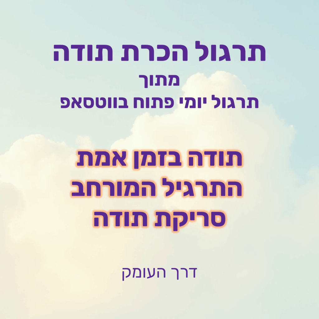 רקע שמיים תכולים עם עננים לבנים רכים וזוהר חמים, וכיתוב: תרגול הכרת תודה מתוך תרגול יומי פתוח בוואטסאפ. תודה בזמן אמת, התרגיל המורחב: סריקת תודה