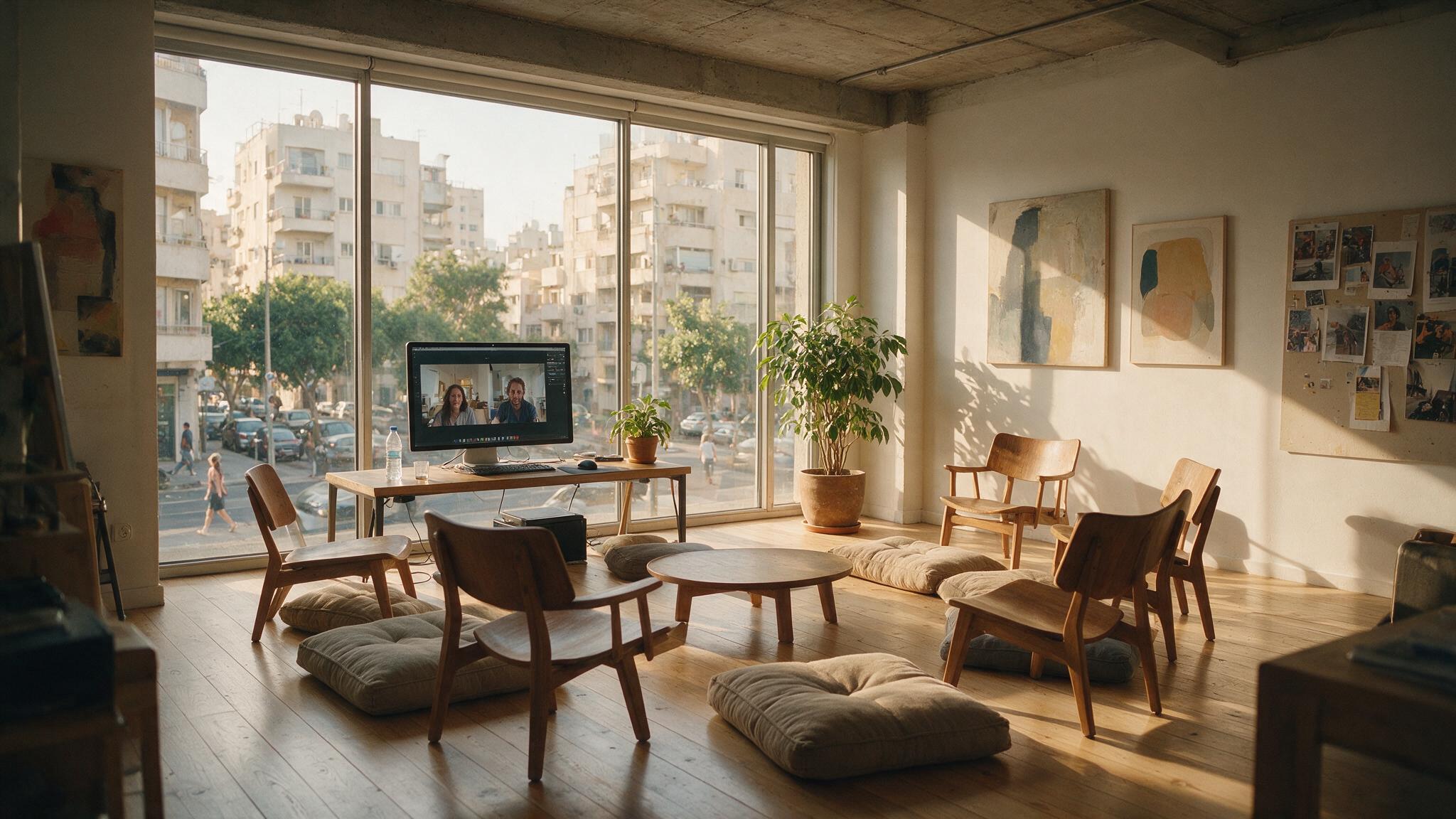 חדר בהיר עם כיסאות וכריות במעגל, ומסך פתוח עם שיחת וידאו