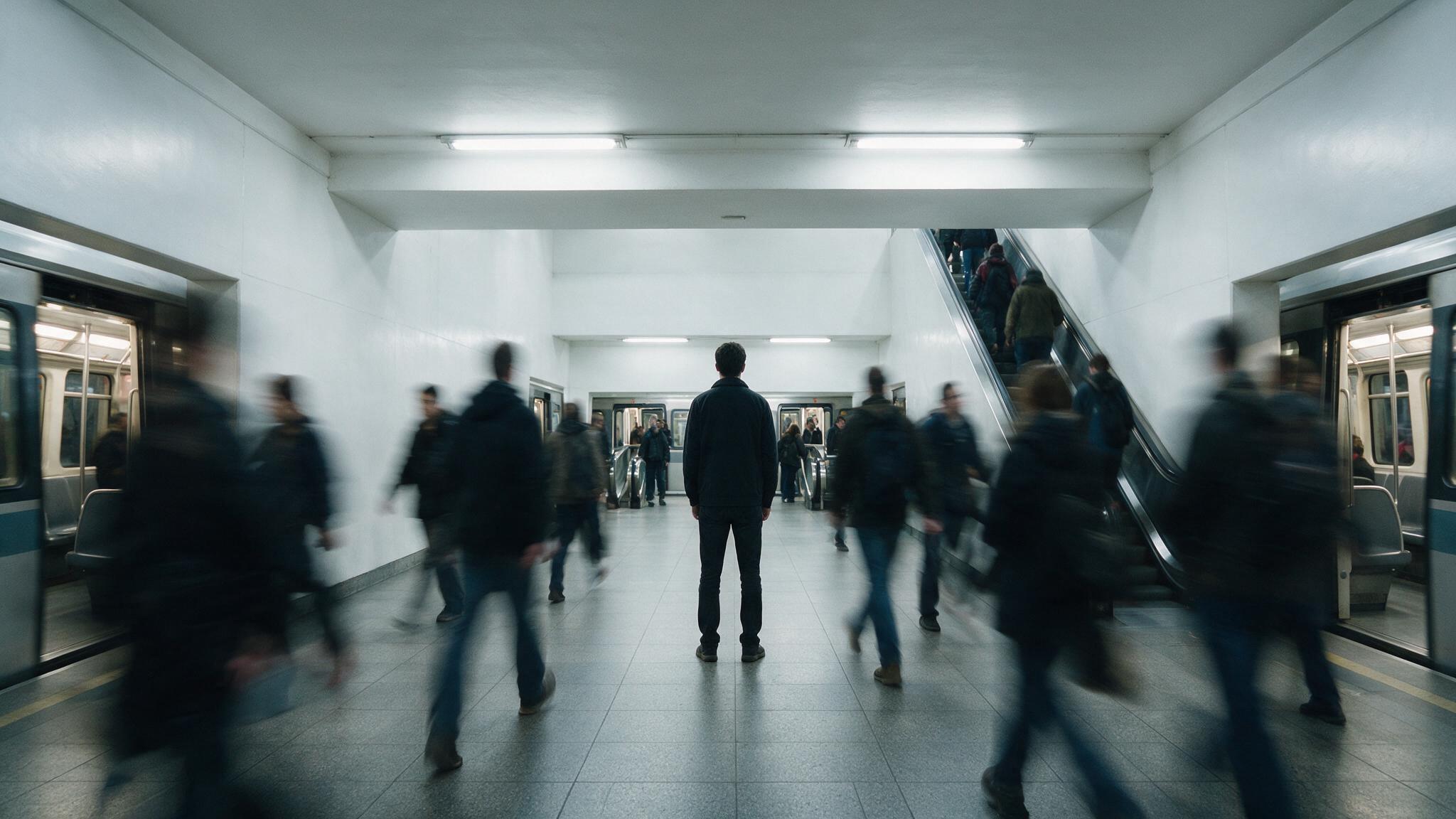 אדם עומד דומם בתחנת רכבת תחתית בזמן שהעוברים ושבים מטושטשים בתנועה