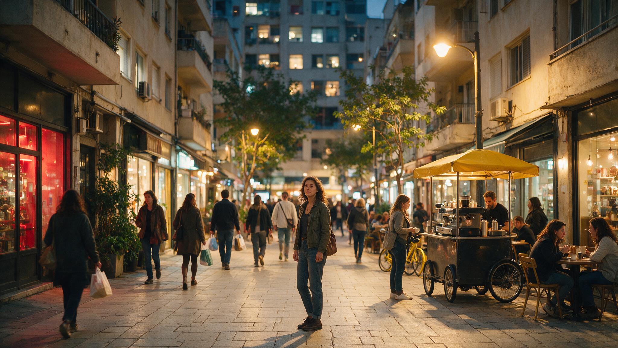 אישה עומדת ברחוב עירוני בשעת ערב, אנשים ובתי קפה סביבה
