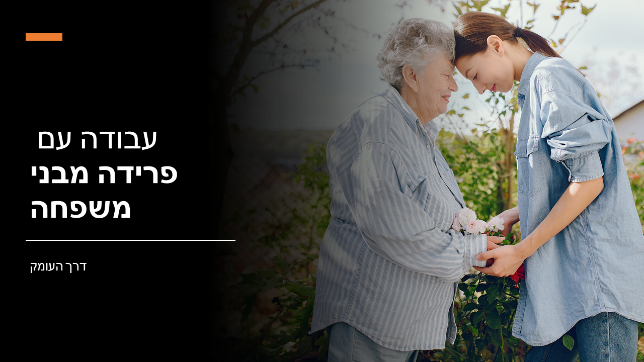 אישה מבוגרת ואישה צעירה עומדות בגינה מצח אל מצח, מחזיקות יחד עציץ פרחים, ולצידן הכיתוב עבודה עם פרידה מבני משפחה. הקבוצה של האנשים הקרובים אלינו, שבה נמצאות רוב הפרידות שאנשים נוטים לעבוד עליהן בשלבים הראשונים.
