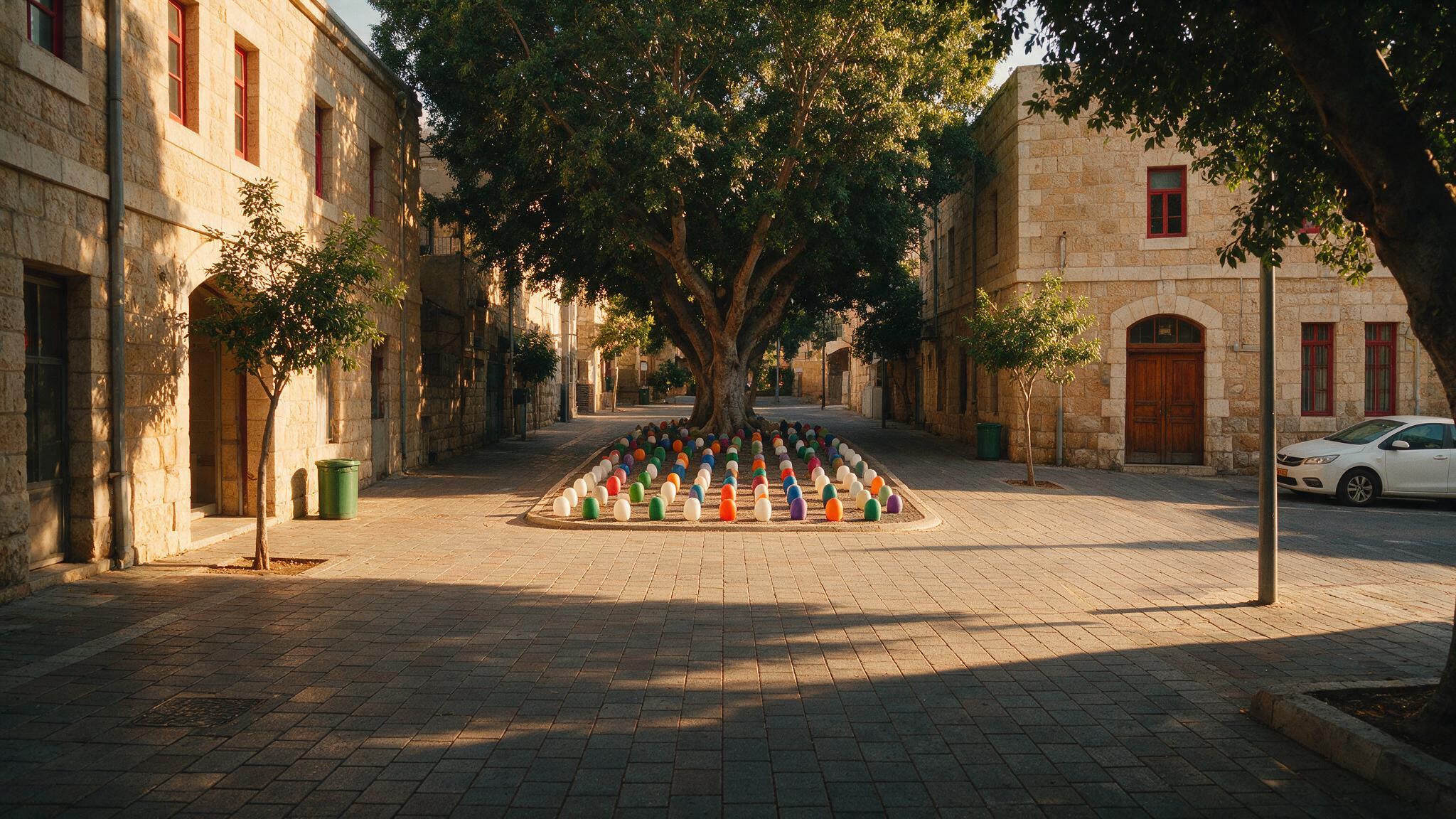 טור ארוך של פריטים צבעוניים קטנים נמתח על רצפת כיכר אבן אל עבר עץ
